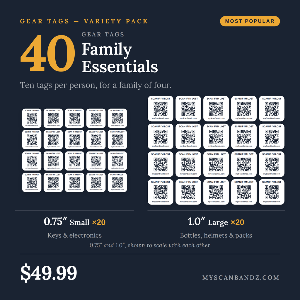 QR Gear Tags — Family Essentials Pack (40 Tags)