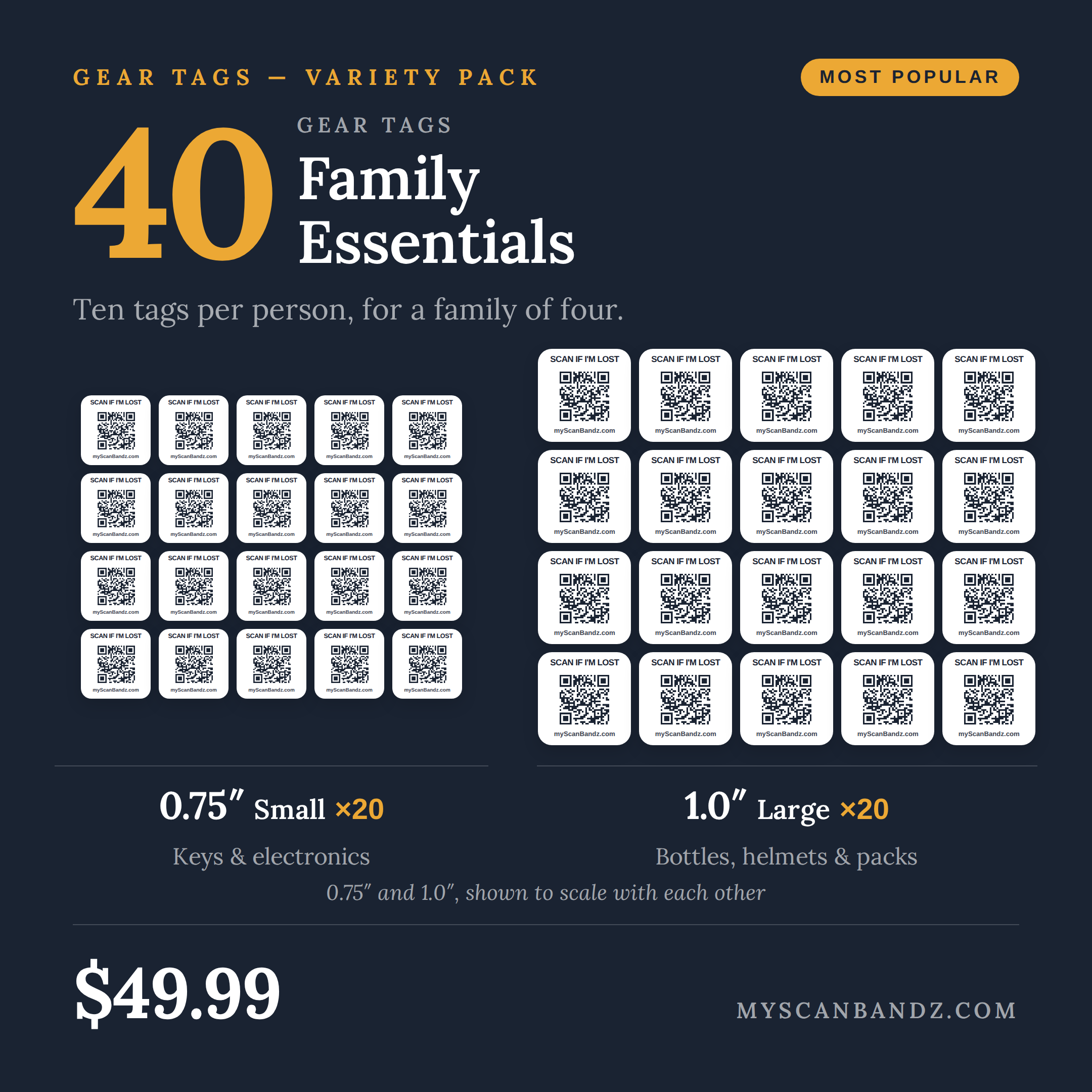 QR Gear Tags — Family Essentials Pack (40 Tags)